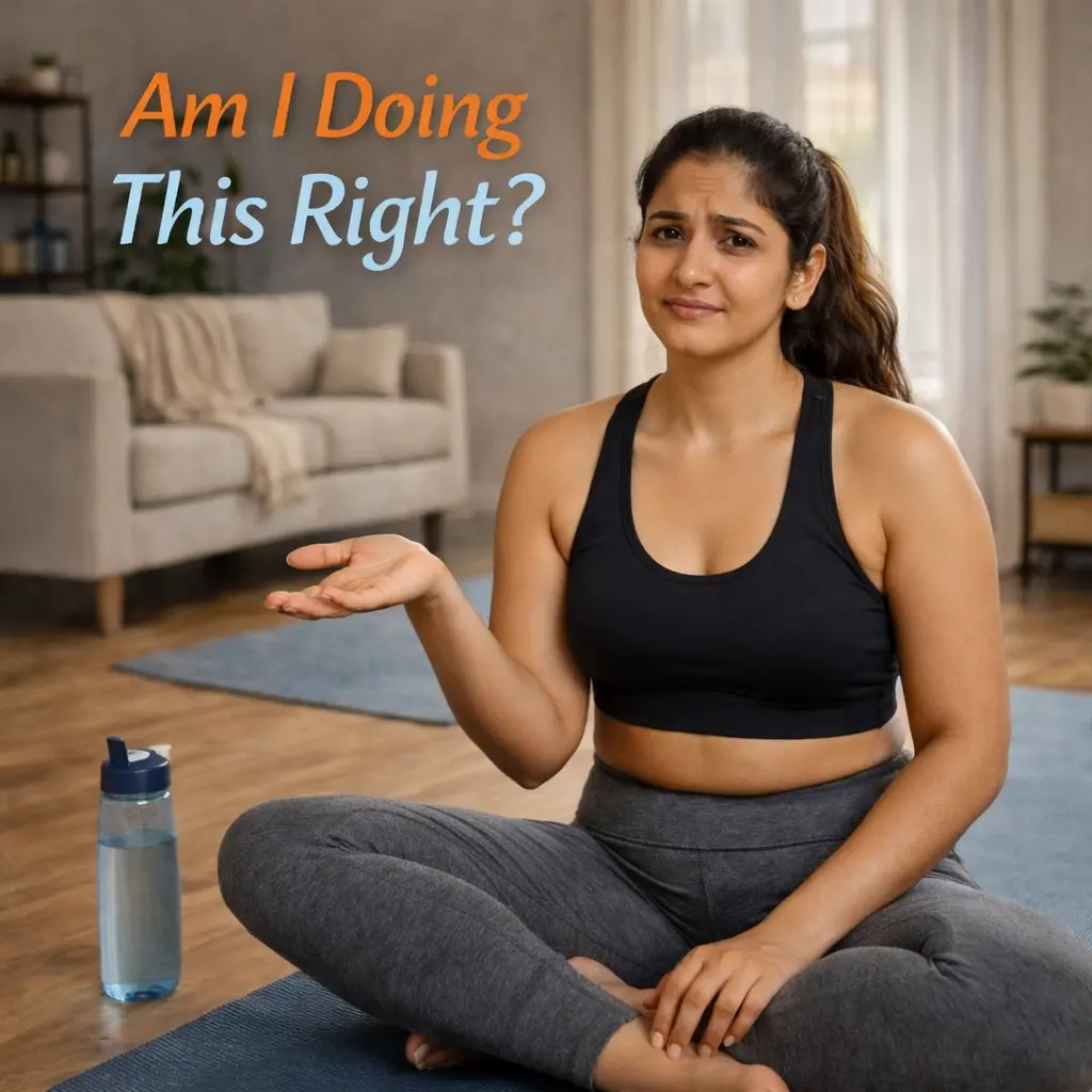 Woman feeling confused after doing home workouts without visible results