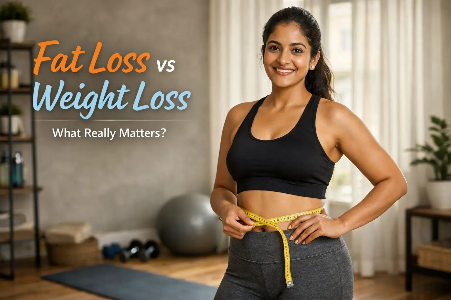 Indian woman focusing on fat loss instead of weight loss at home