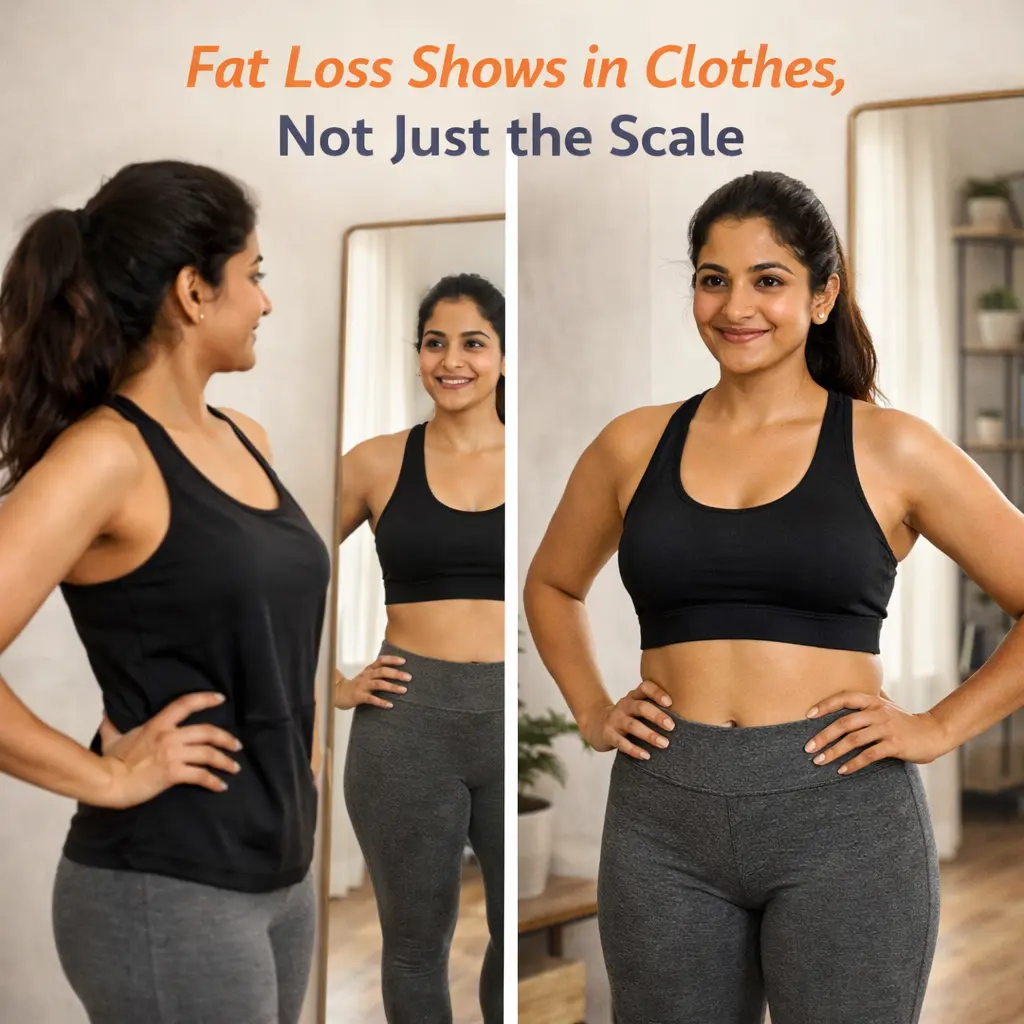 Fat loss progress visible through better fitting clothes