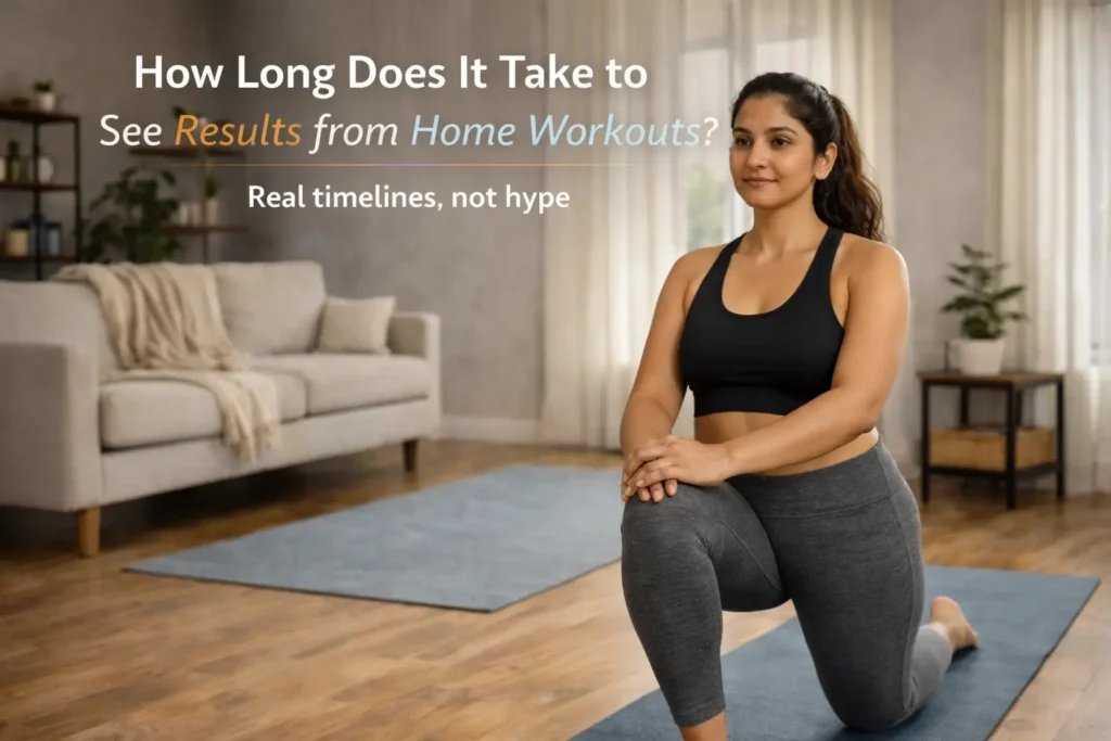 Indian woman doing home workout and wondering how long results take to show
