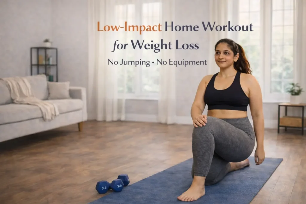 Indian woman doing a low-impact home workout for weight loss without jumping