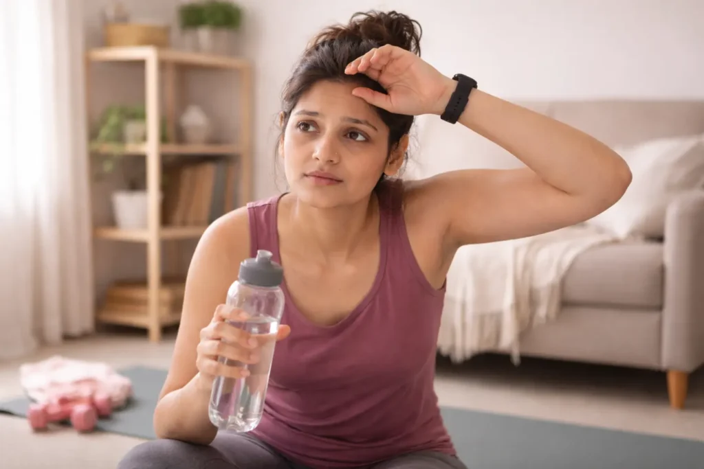 Indian woman exercising at home but not losing weight despite daily workouts