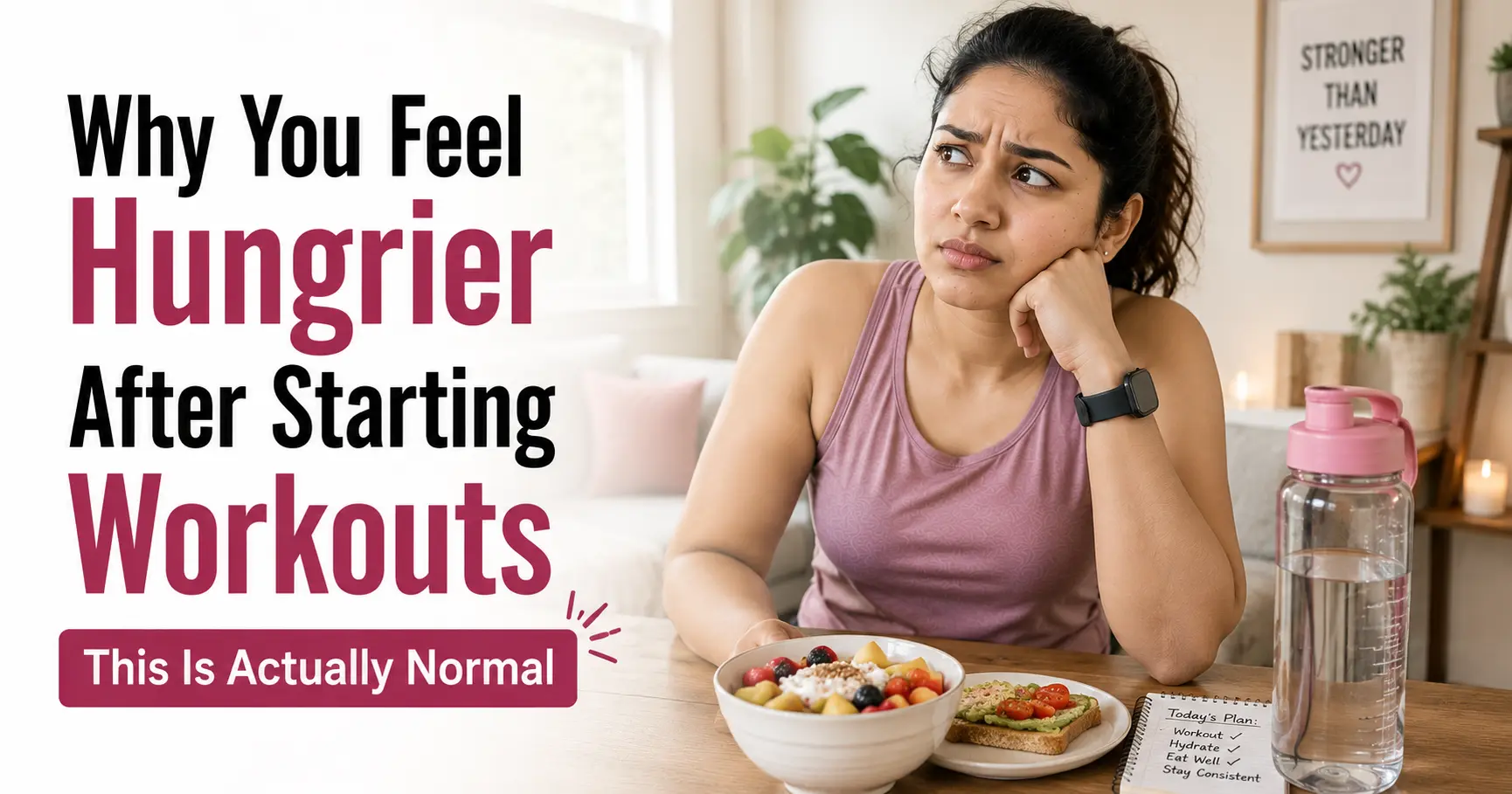 woman feeling hungry after workout at home