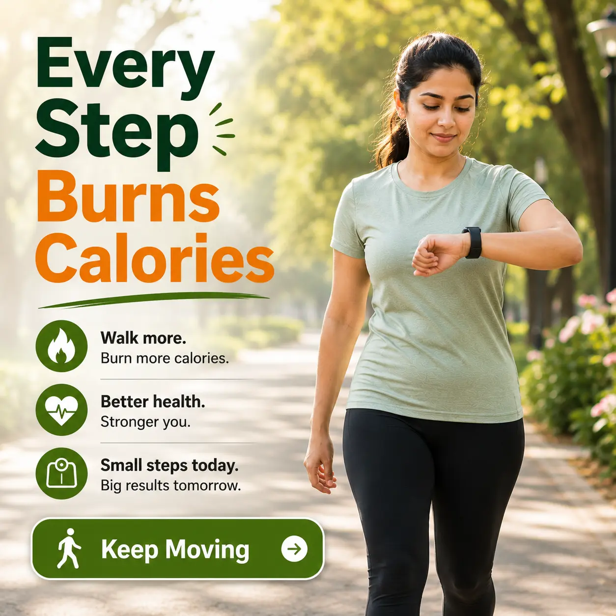Woman tracking steps while walking outdoors